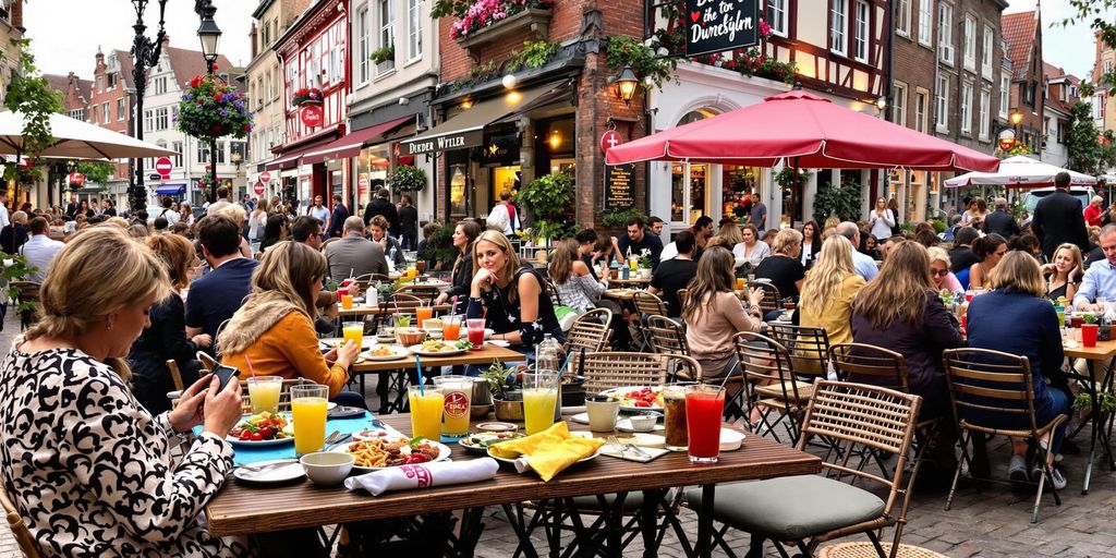 Lebendige Straßenszene mit Menschen und leckerem Essen.